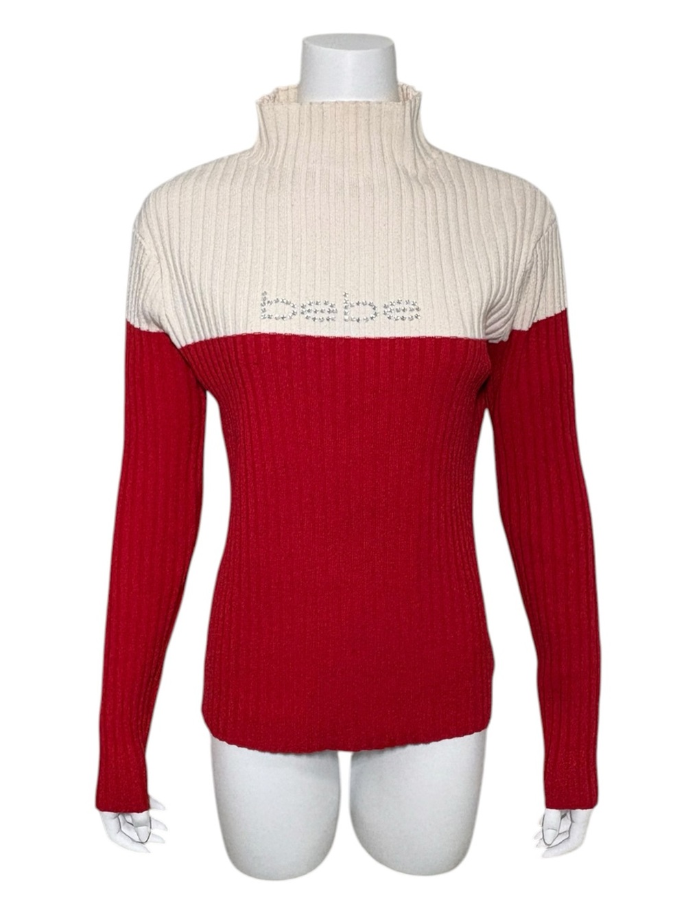 bebe Red and Cream Ribbed Turtleneck Sweater with Logo